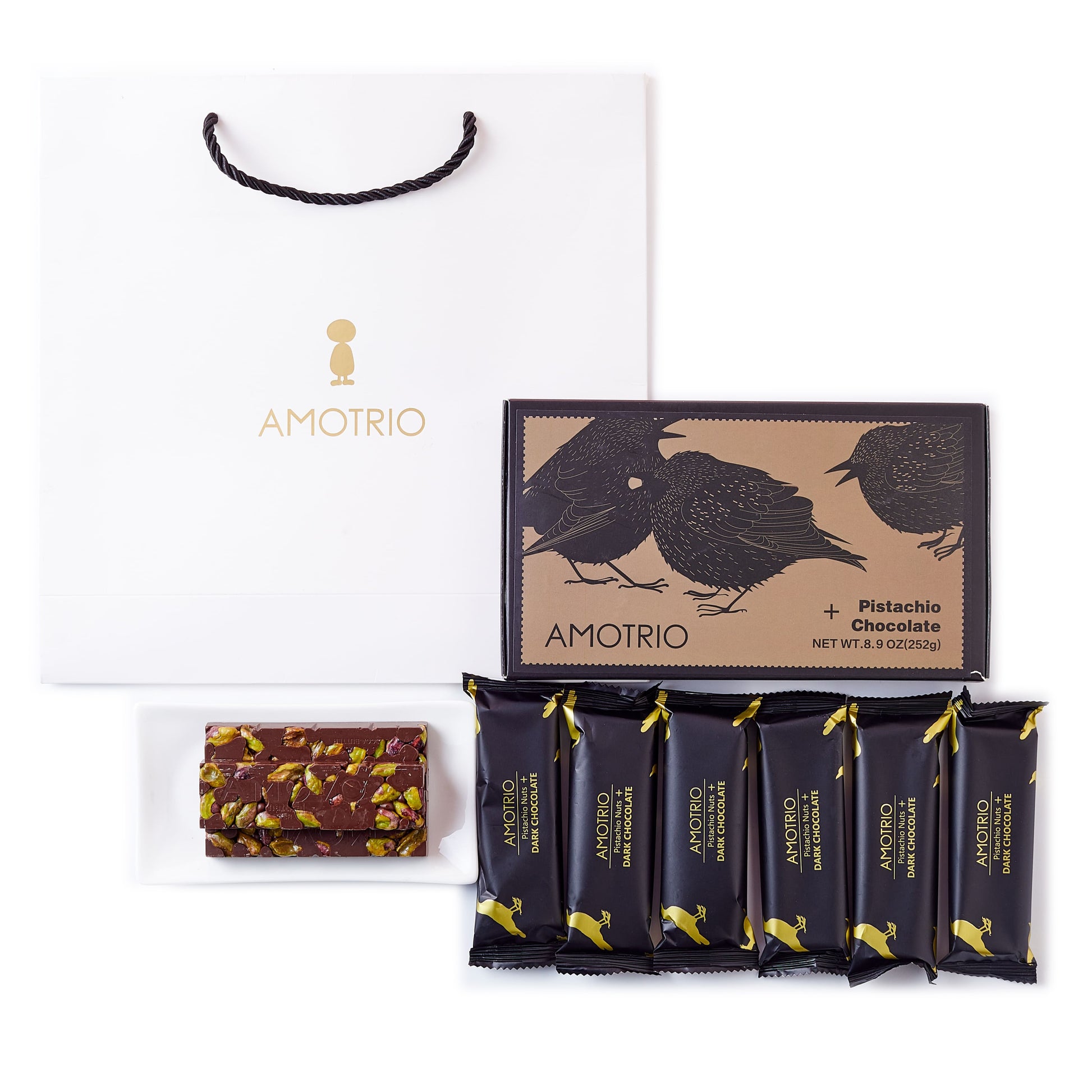 Packaging and contents of Amotrio Whole Pistachio Chocolate Bars