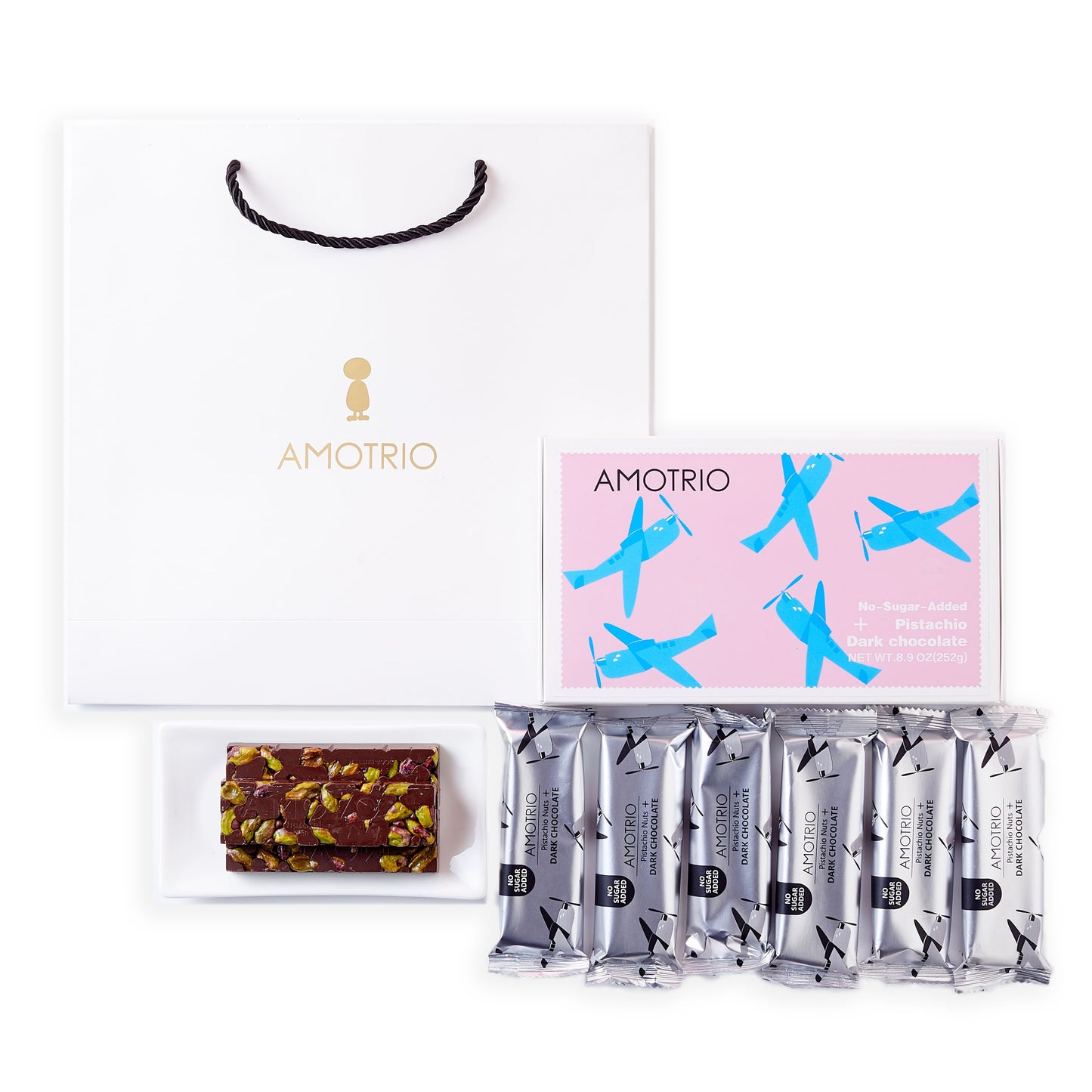 Packaging and contents of Amotrio No-Sugar-Added Pistachio Chocolate Bars