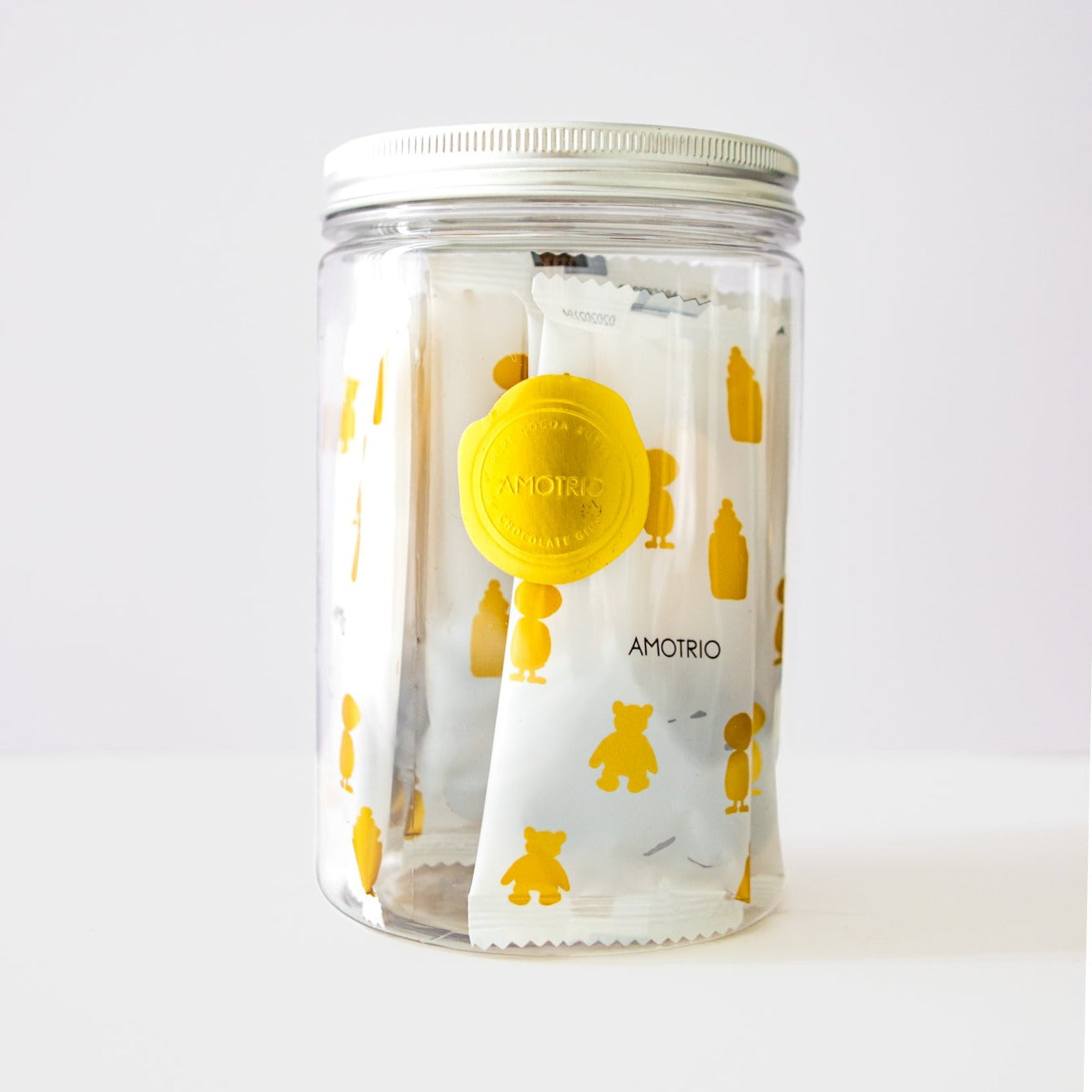 Amotrio Sugar-free milk chocolate lollipop bears in a transparent jar