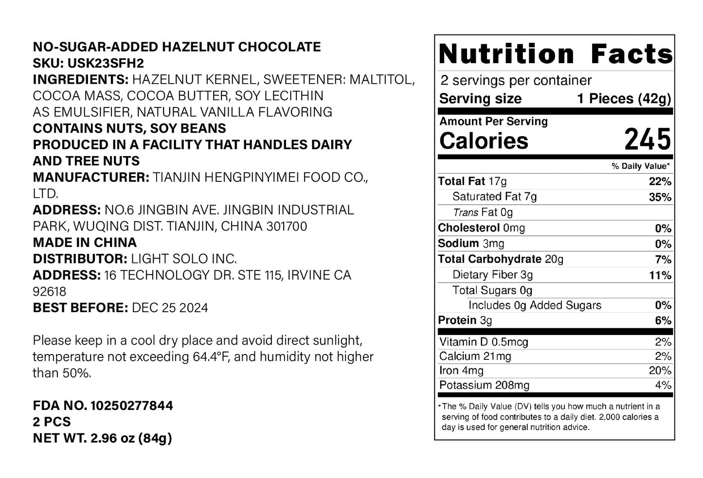 No-Sugar-Added Hazelnut Chocolate Bars, 2 Ct - Maltitol Sweetened