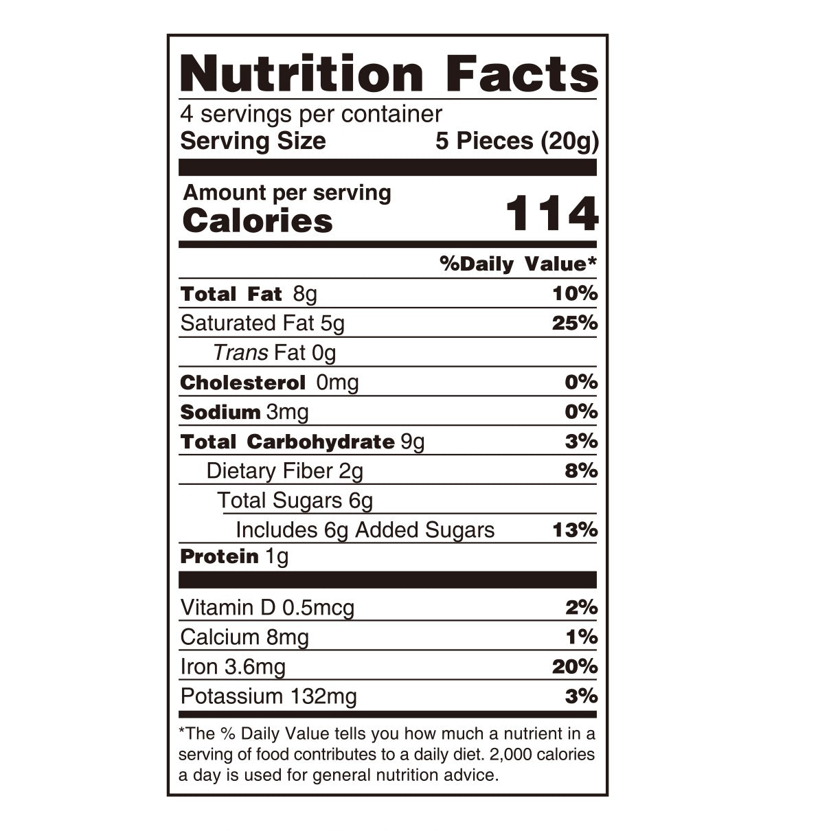 Nutrition facts label of 64% couverture dark chocolate, showing calorie