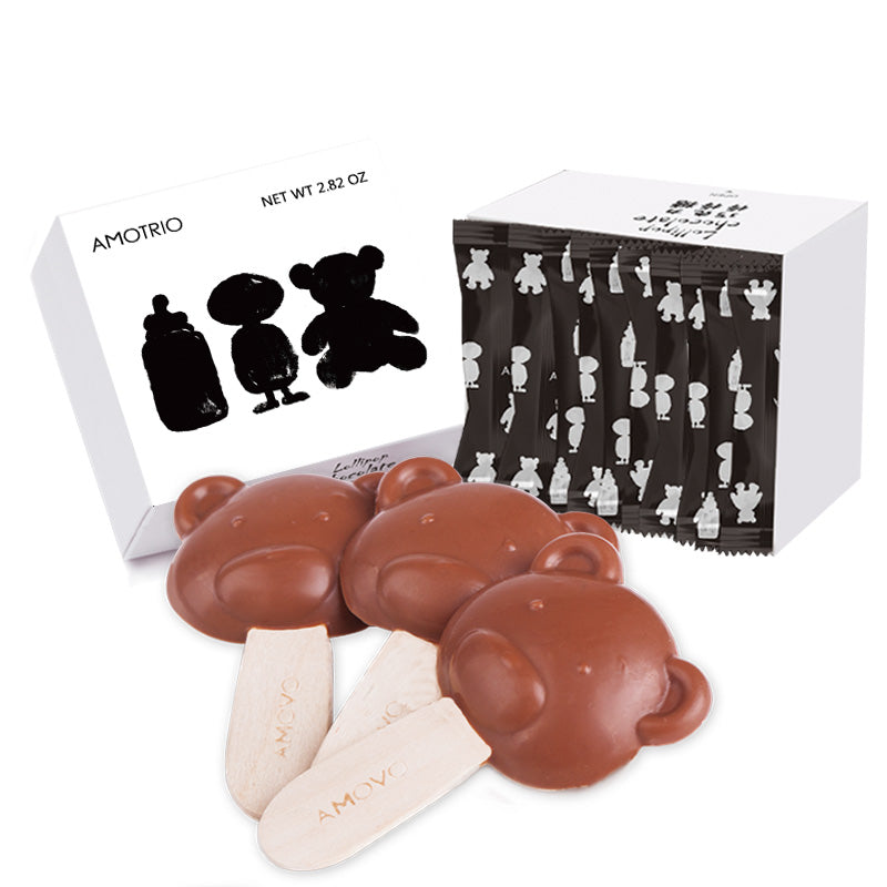 Packaging and contents of bear-shaped swiss milk chocolate lollipop