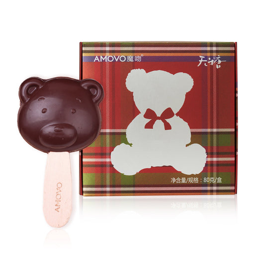 Bear-themed packaging and sugar-free bear-shaped dark chocolate lollipop