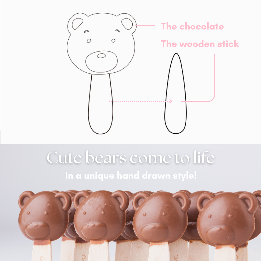 Milk chocolate lollipop with hand-drawn bear and small wooden stick