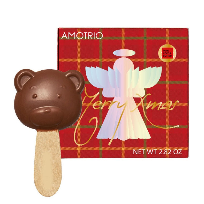 Bear-shaped milk chocolate lollipop with Christmas packaging