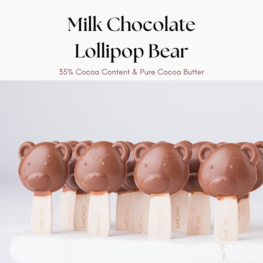 Bear-shaped milk chocolate lollipop made with pure cocoa butter
