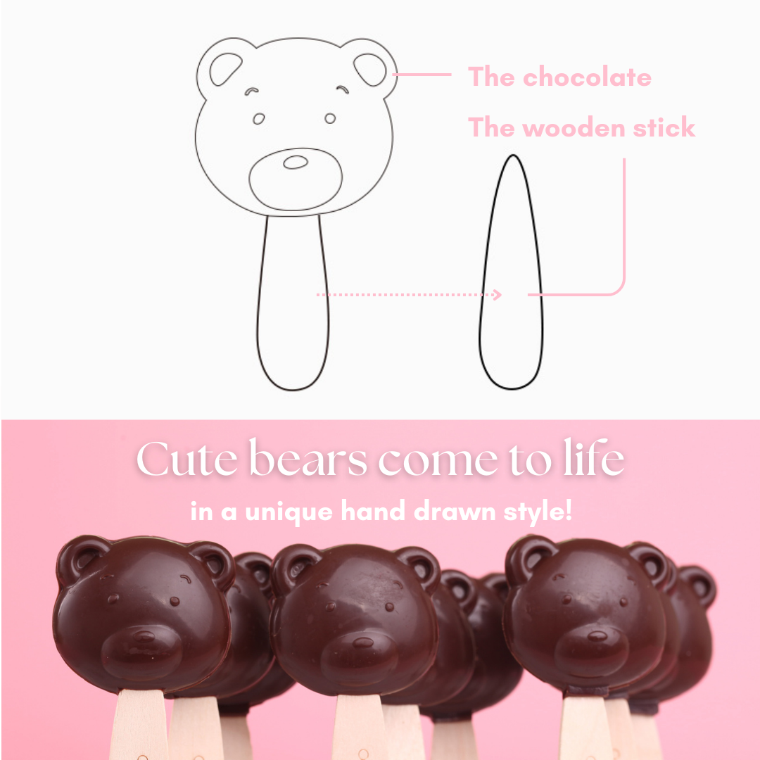Hand-drawn bear-shaped chocolate lollipop with small wooden stick