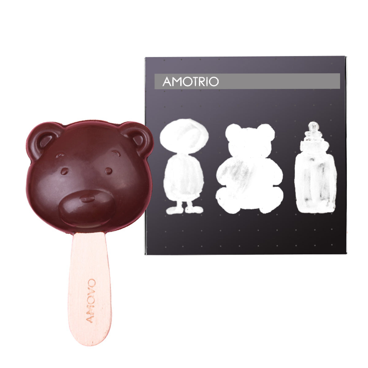 Adorable packaging of Amotrio bear-shaped dark chocolate lollipop