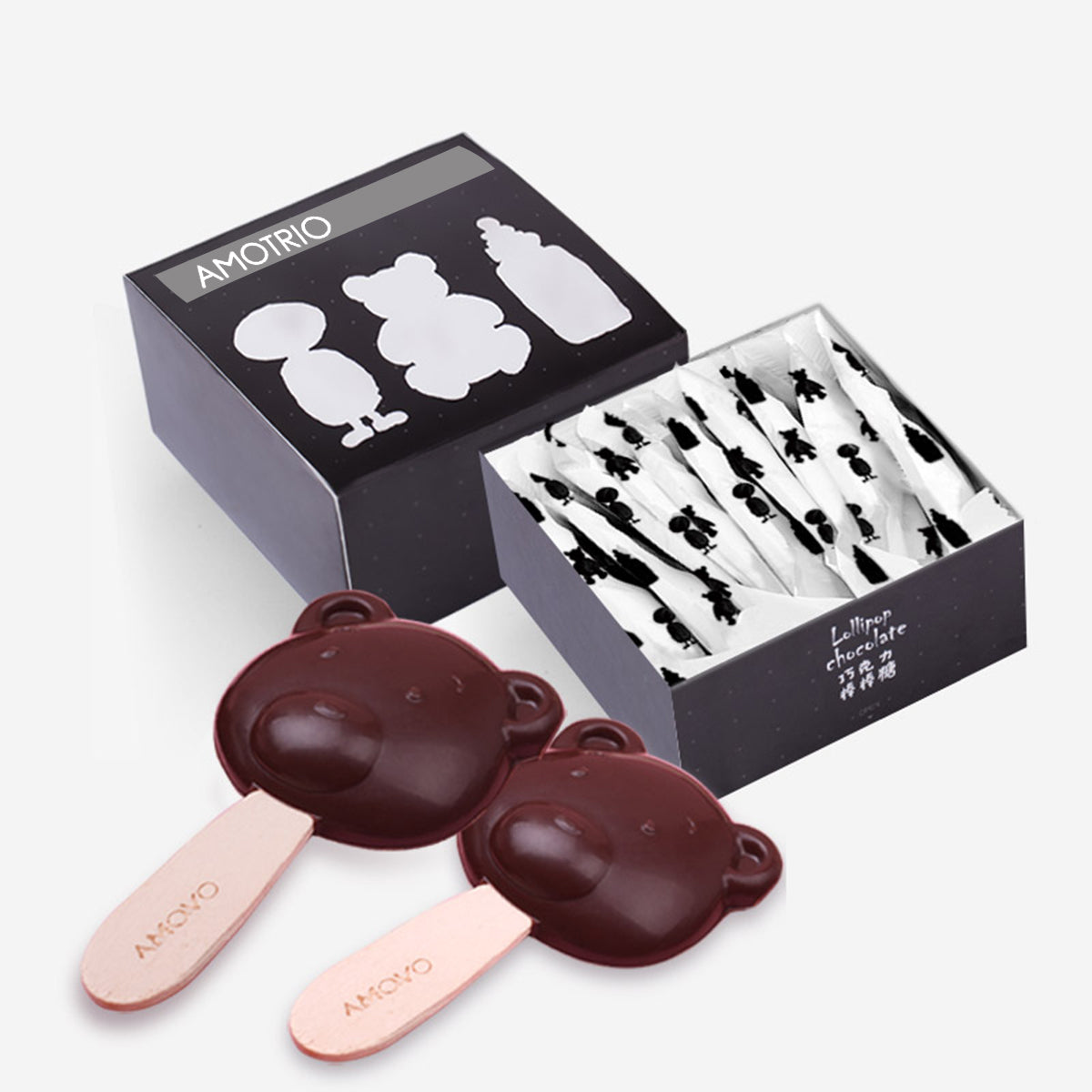 Packaging and contents of bear-shaped sweet dark chocolate lollipop