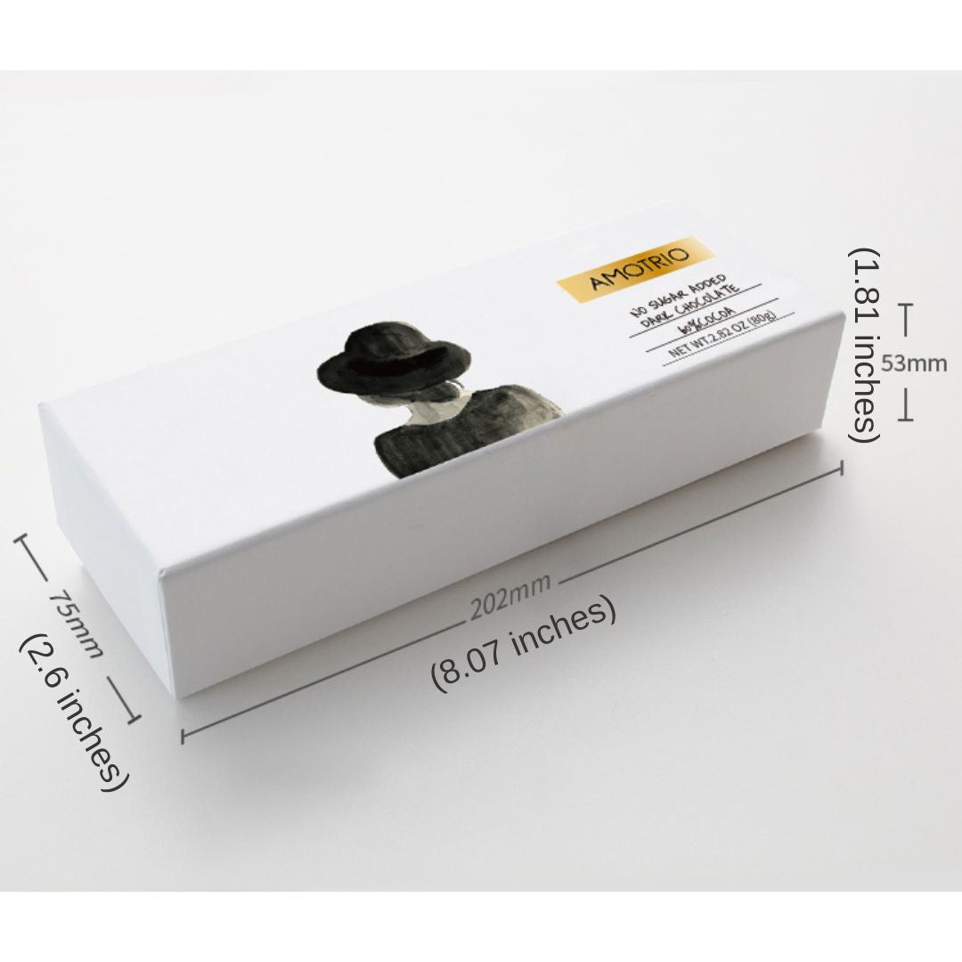 Amotrio sugar-free dark chocolate bar packaging with dimensions, featuring woman's back design