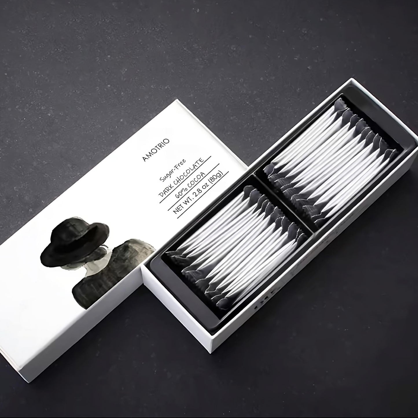 Illustrated packaging of sugar-free dark chocolate bar with woman's back design and Amotrio branding