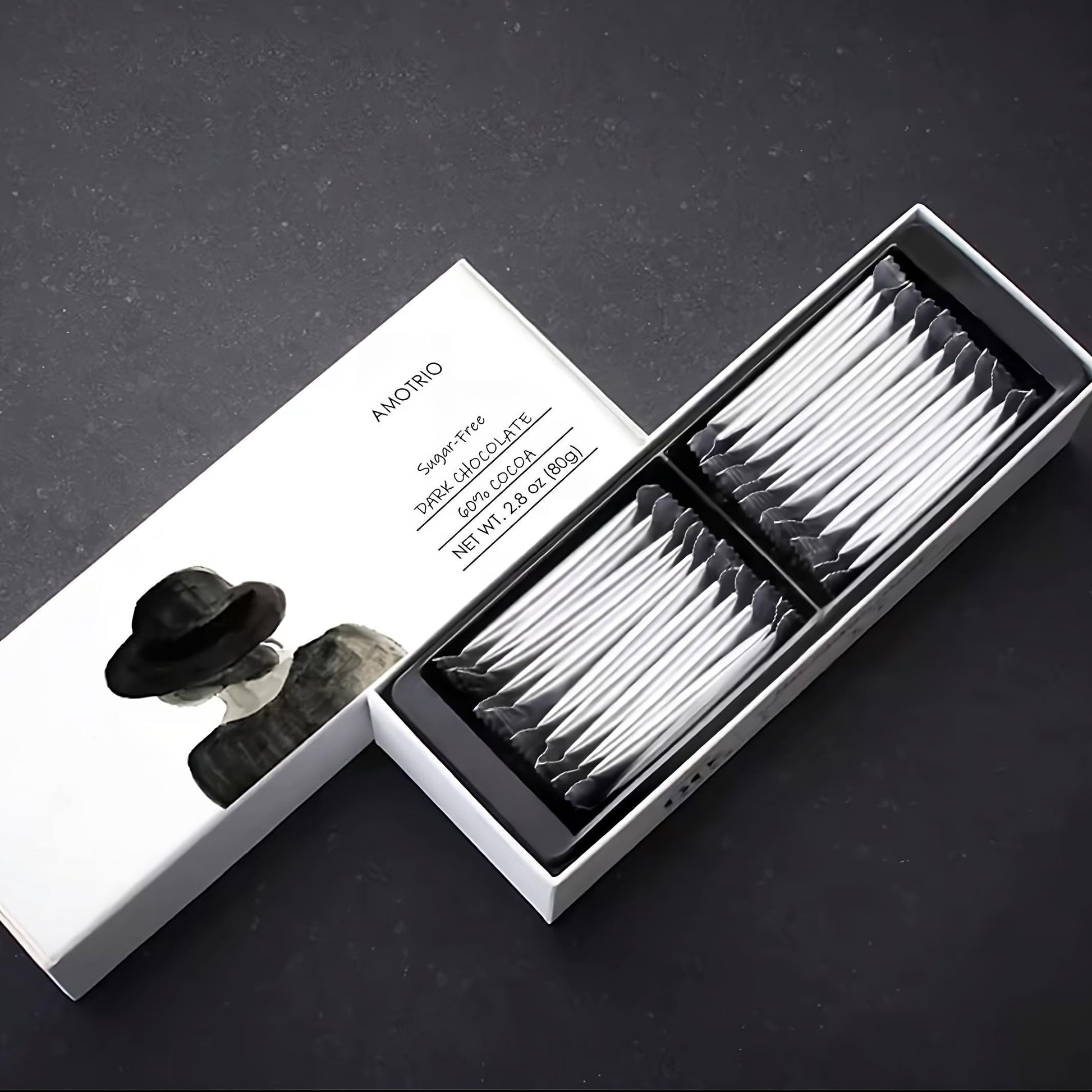 Illustrated packaging of sugar-free dark chocolate bar with woman's back design and Amotrio branding