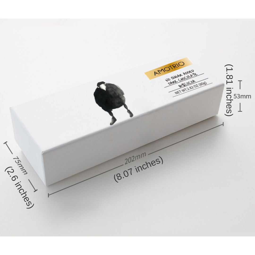 Amotrio sugar-free dark chocolate bar packaging with dimensions