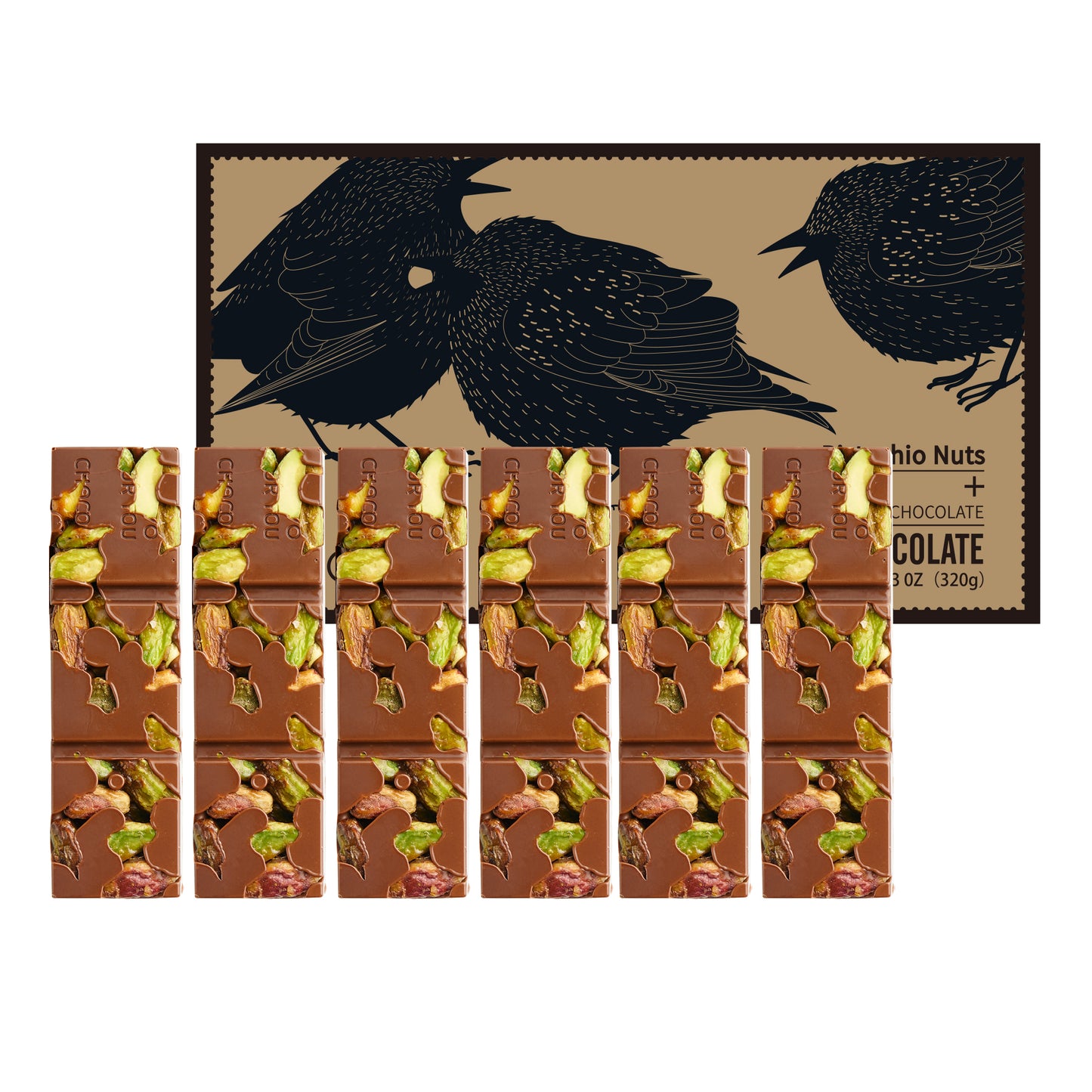 Packaging and contents of Amotrio Whole Pistachio Chocolate Bars