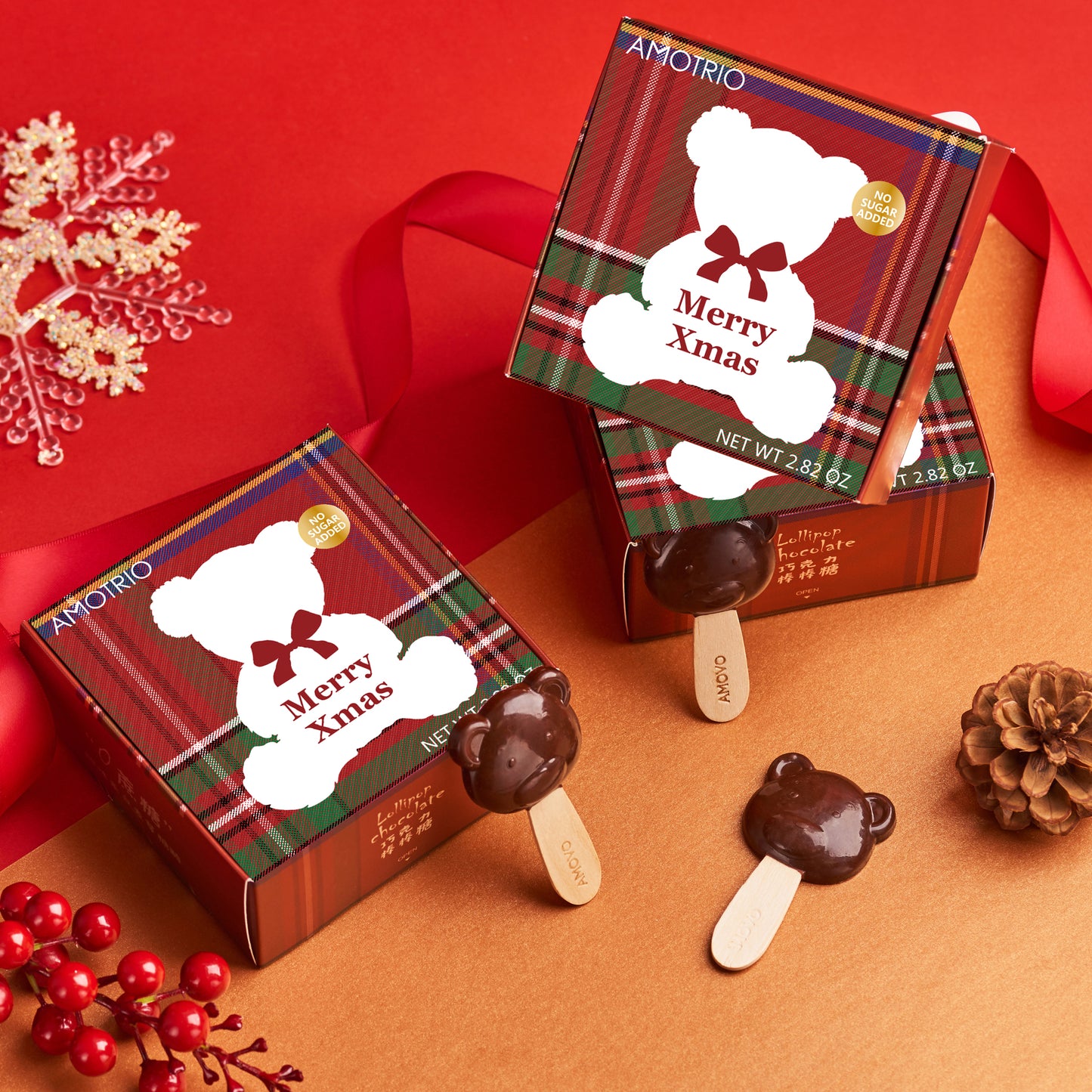 Bear-shaped sugar-free dark chocolate lollipop with festive Christmas packaging