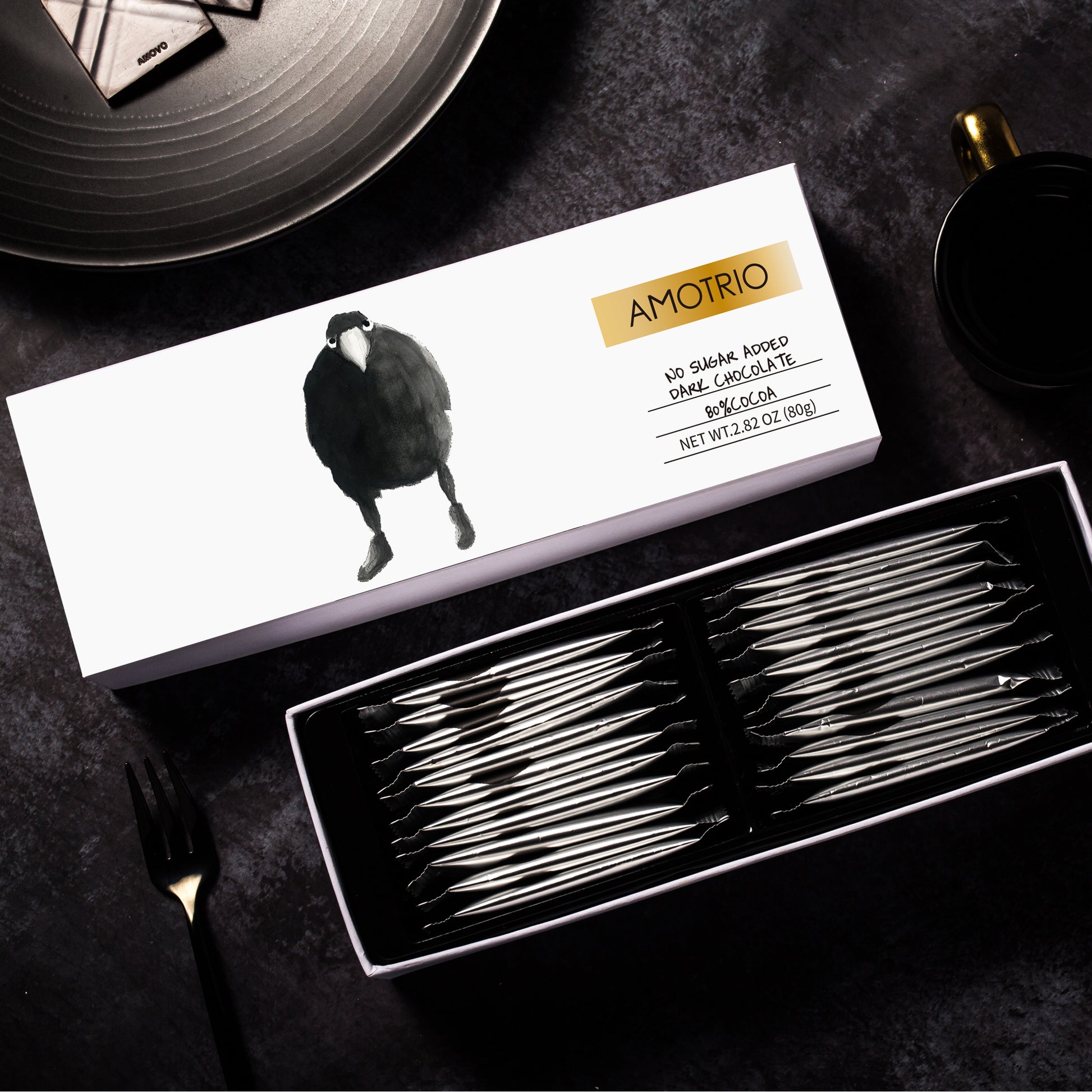 Photo of 80% sugar-free dark chocolate, showing inner and outer packaging