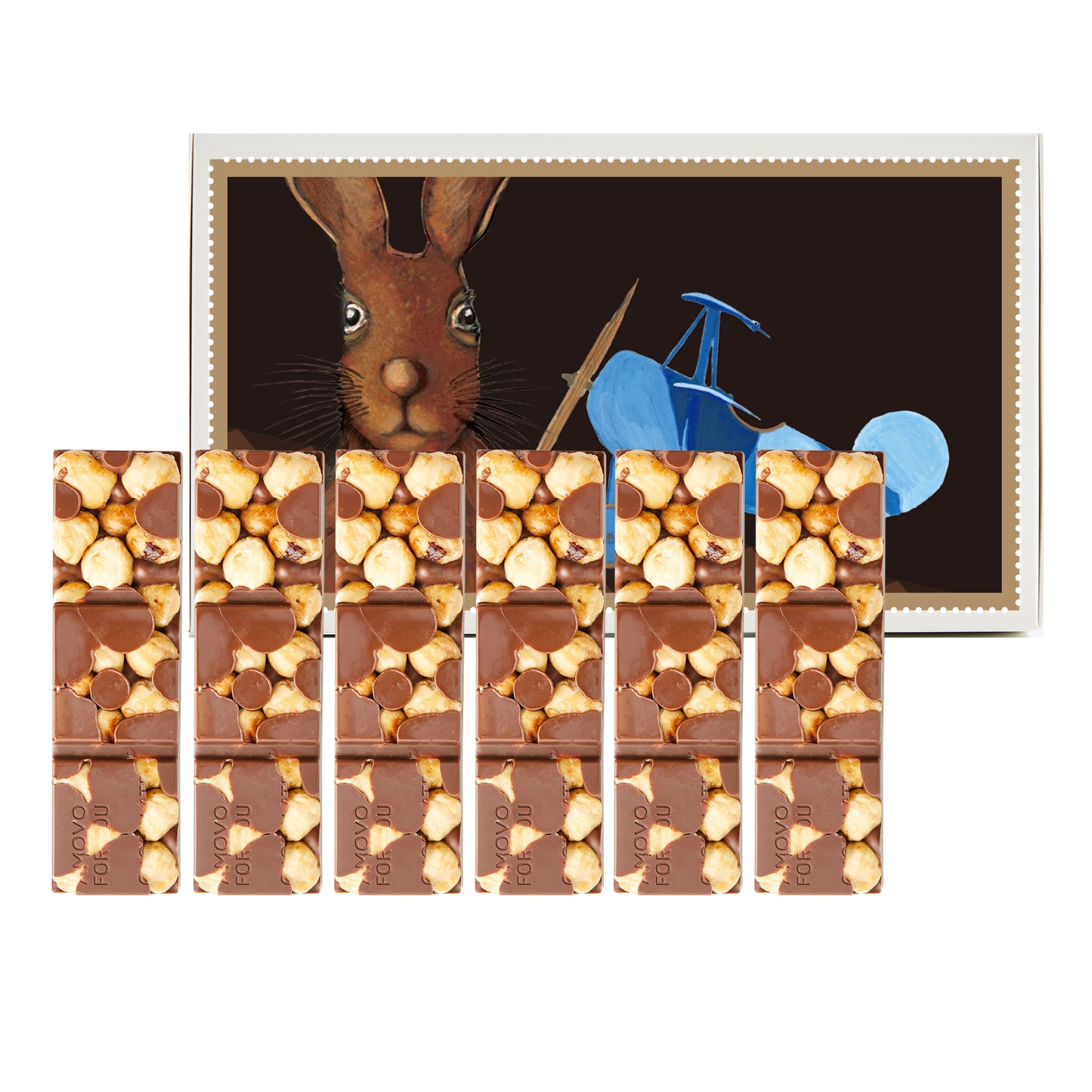 Packaging and contents of Amotrio Whole Hazelnut Dark Chocolate Bars