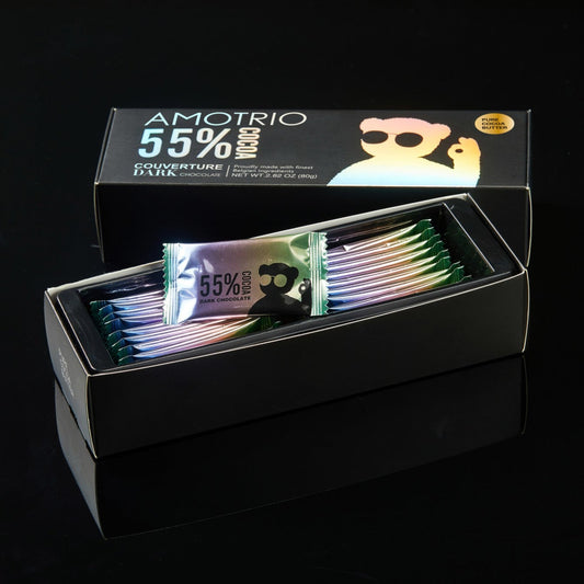 Fancy packaging of 55% Dark chocolate bar with cool bear design and Amotrio branding