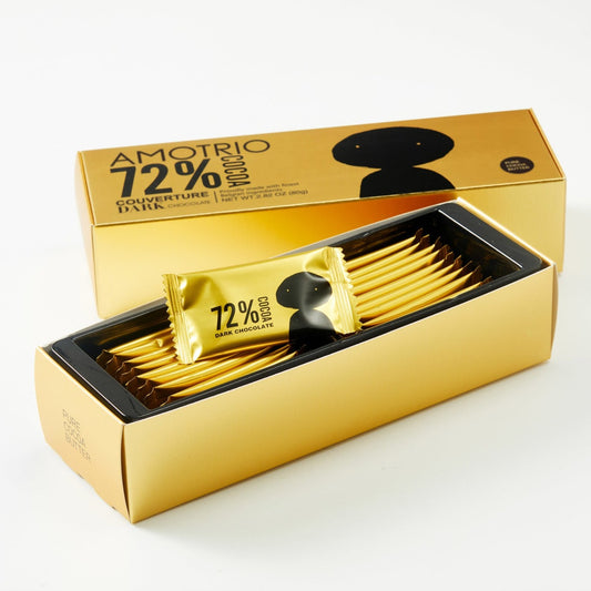 Fancy packaging of Amotrio 72% Couverture Dark Chocolate